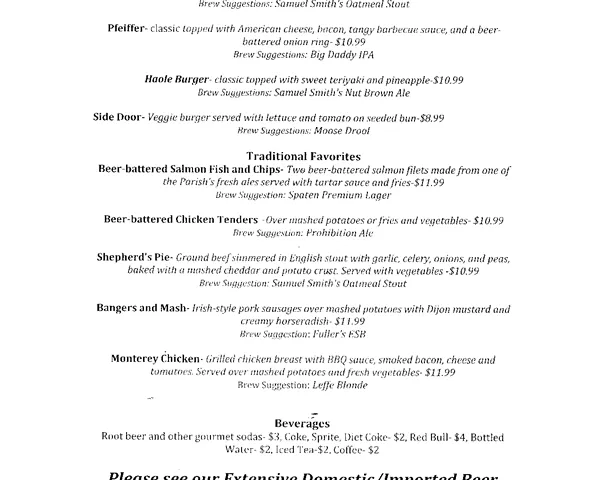 Parish Publick House — Food Menu 3 menu