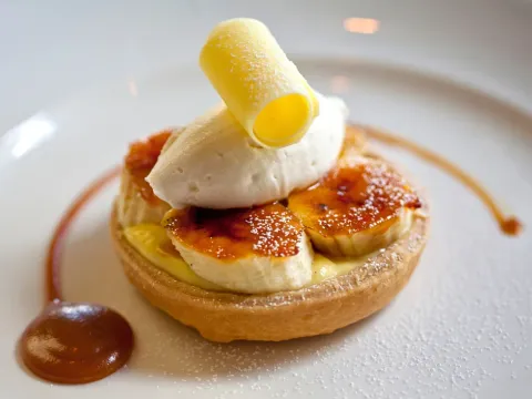 Banana tart with ice cream and caramel at Scratch in Mountain View