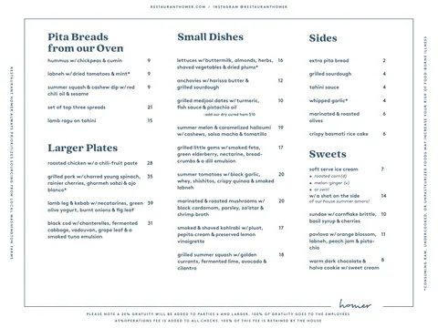 Homer food menu with pita breads, larger plates, small dishes, sides, and sweets