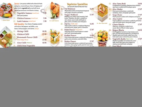 Chicago Curry House carryout menu page listing sections from salads and soups through chicken specialties