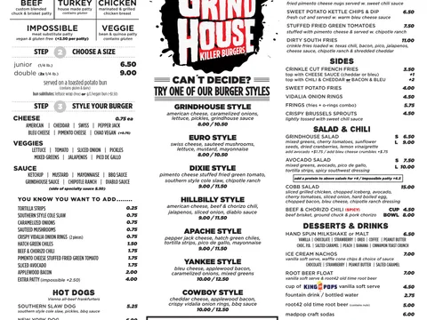 Complete food menu for Grindhouse Killer Burgers