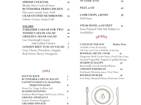 Boodles complete 2026 menu listing appetizers, salads, sides, sauces, grilled steaks and lamb, entrees, and desserts