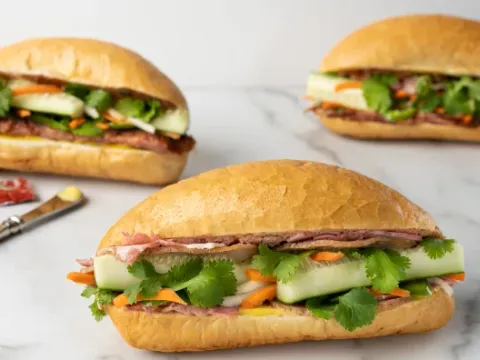 Vietnamese banh mi sandwiches on Dong Phuong's own baked bread, with cilantro, cucumber and pickled carrot, at Dong Phuong Bakery in New Orleans.