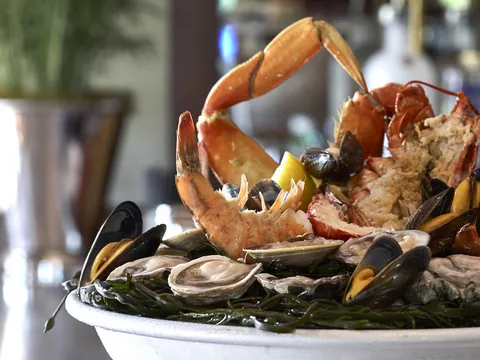 Bouchon Bistro's seafood tower of lobster, crab, oysters, clams, mussels and shrimp on ice at the bar