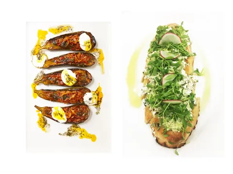 Two Persian dishes plated at Sofreh in Brooklyn — roasted eggplant with tomato and yogurt, and a herb-and-feta flatbread topped with greens and radish