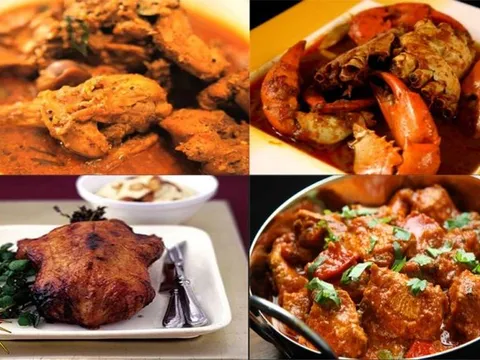 A collage of curry, seafood, tandoori chicken, and meat dishes from Sitar Indian Cuisine.