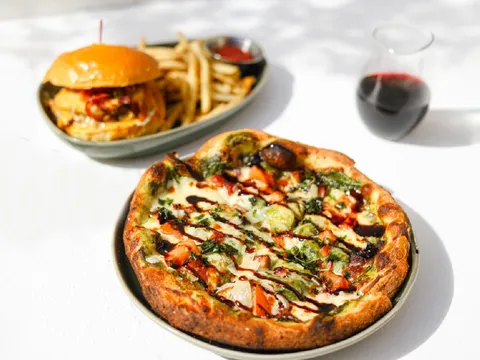Pizza and a burger with fries at TownHall in Cleveland