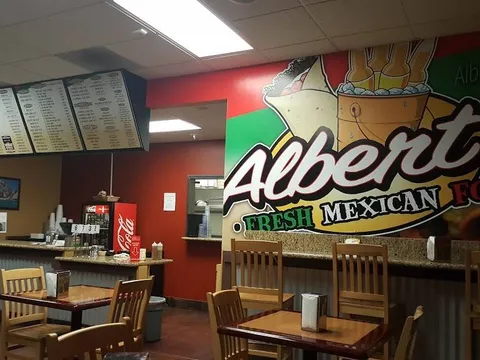 The dining room and wall sign at Albert's Fresh Mexican Food in San Diego.