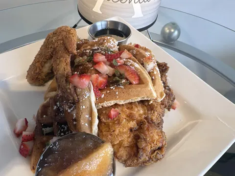 Chicken and waffles with strawberries from Alcenia's in Memphis.