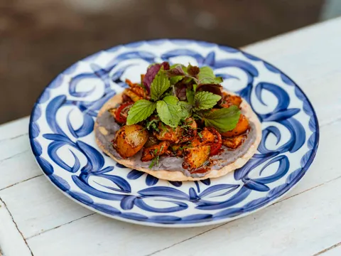 Tostada on a blue-and-white Talavera plate with black bean puree, chile-glazed vegetables and fresh herbs at Centro Mexican Kitchen in Boulder