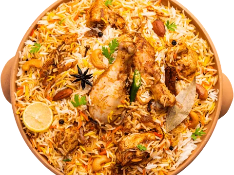 Chicken biryani served in a clay pot at Vayal's Indian Kitchen