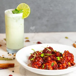 Gobi Manchurian and a lime drink at Curry Leaves Indian Cuisine