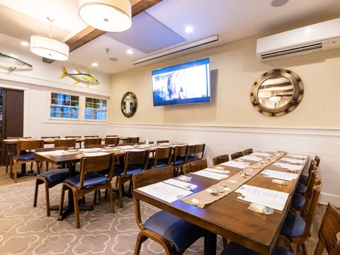 Empty dining room set for service at Big Fish Grill in Rehoboth Beach