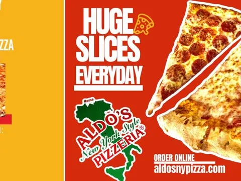 Pizza slices and the storefront for Aldo's New York Style Pizzeria in Albuquerque.