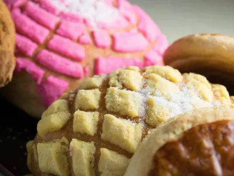 Close-up of Mexican pan dulce (conchas) — pink and vanilla sugar-crusted sweet breads — from the bakery at Esperanza's in Fort Worth