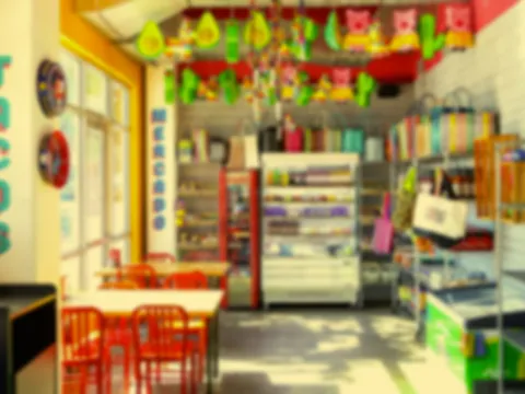 Interior of Taco Naco KC in Kansas City with a blue 'TACOS' wall sign, a 'Mercado' shelf of Mexican grocery goods, papel picado banners, and red chairs at white tables