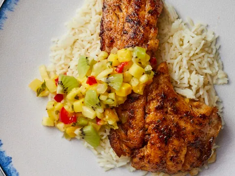 Blackened rockfish with mango salsa and rice at Anthony’s at Point Defiance